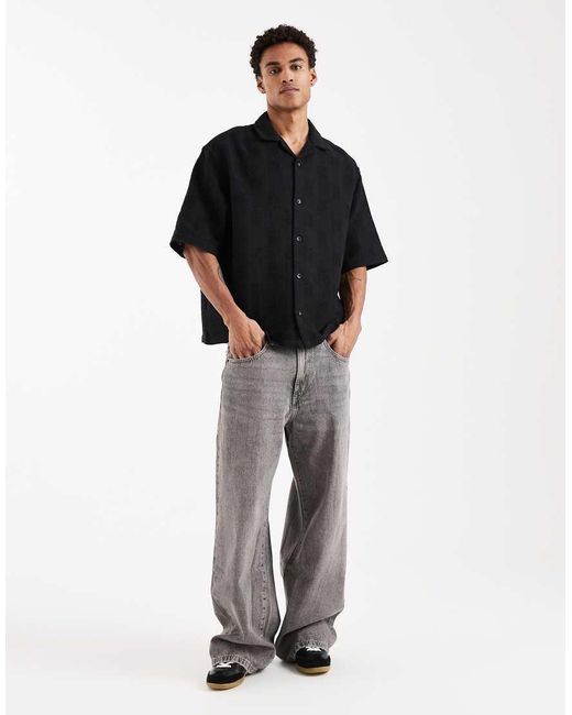 ASOS Black Oversized Half Sleeve Revere Grid Textured Shirt for men
