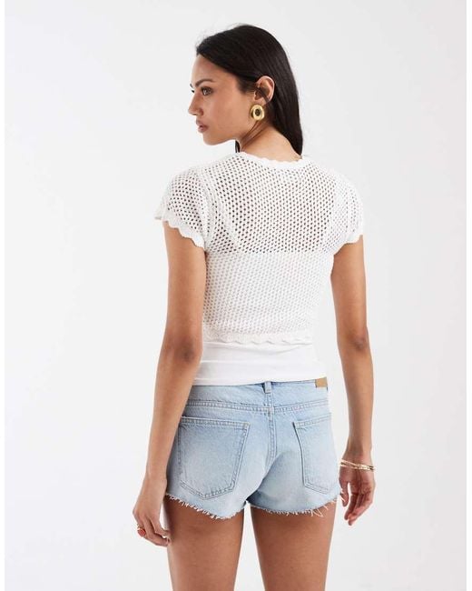 Hollister White Knitted Cropped Short Sleeve Tie Front Top