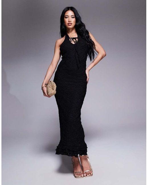 ASOS Black Lace Plunge Maxi Dress With Frill Hem