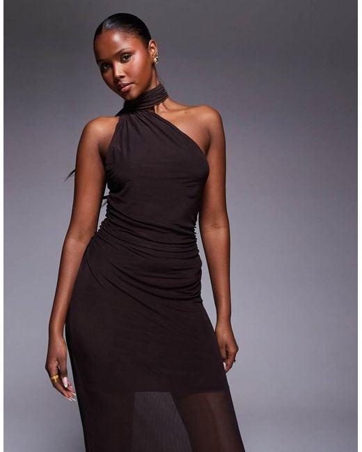 Fashionkilla Blue Exclusive Mesh Overlay Neck Tie Detail Sheer Hem Maxi Dress