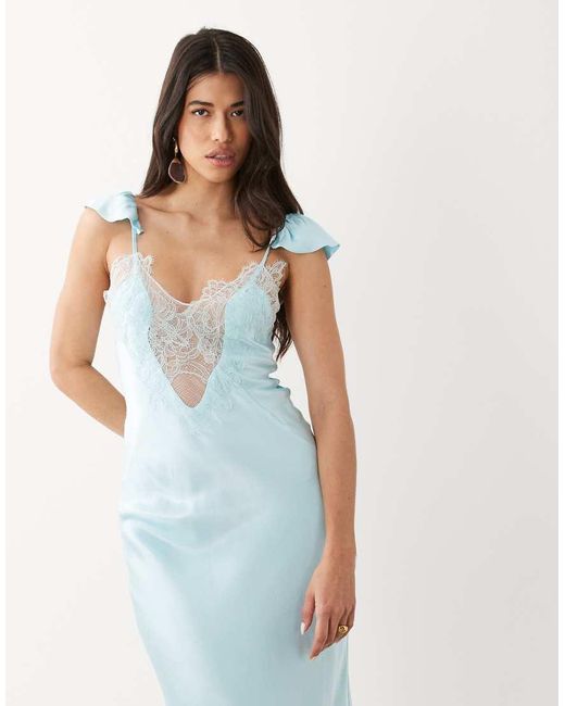 Bardot Blue Ivy Plunge Lace Detail Satin Maxi Dress