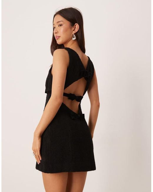 For Love & Lemons Black Boucle Open Back Velvet Bow Detail Mini Dress