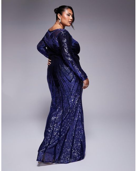 Goddiva Blue Curve Long Sleeve Aztec Sequin Maxi Dress