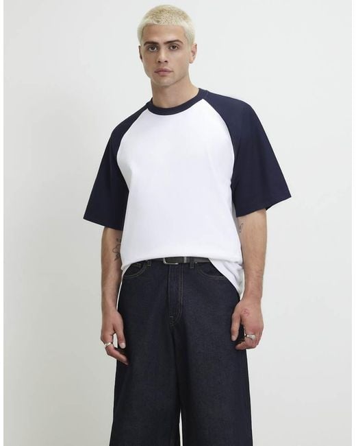 River Island Blue Oversized Fit Raglan Sleeve T-Shirt for men