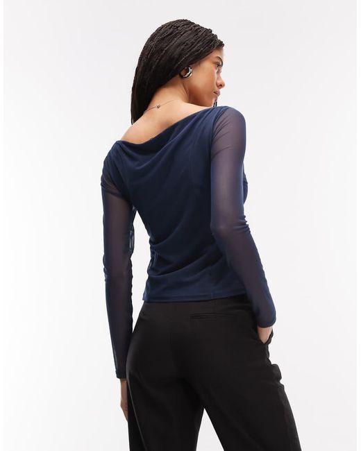ASOS Blue Mesh Boat Neck Long Sleeve Top