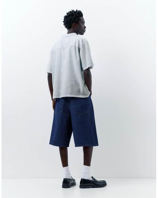 Pull&Bear Blue Short Sleeve Linen Blend Shirt for men