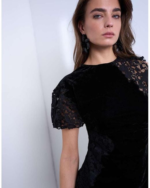 TOPSHOP Black Lace Insert Grown On Shoulder Velvet Mini Dress