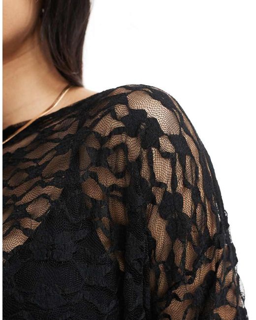 ASOS Black Lace Asymmetric One Shoulder Long Sleeve Top With Cinch Waist Detail