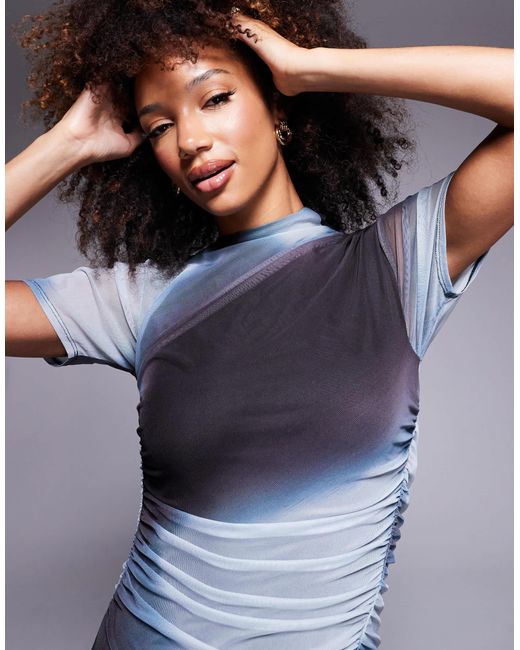 ASOS Blue Short Sleeve Drape Mesh Midi Dress With Ruching