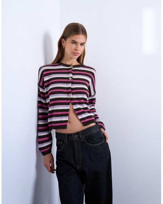 TOPSHOP Blue Knitted Boxy Striped Cardigan