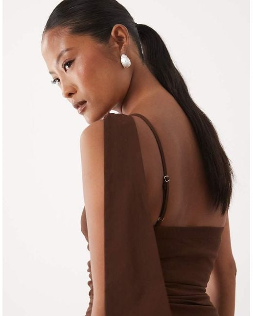 TFNC London Brown Bengaline One Shoulder Draped Maxi Dress