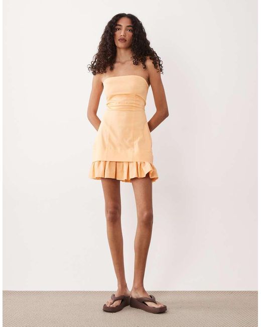 ASOS Natural Asos Design Tall Cotton Sateen Bandeau Mini Sundress With Ruffle Hem