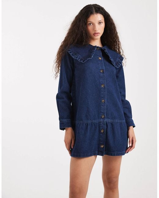ASOS Denim Mini Dress With Collar Detail And Peplum Hem in Blue | Lyst