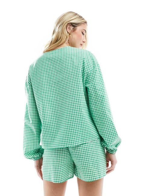 esmé studios Green Esmee Long Sleeve Gingham Tie Front Beach Shirt
