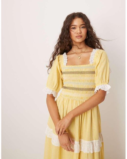 Neon Rose Natural Gingham Puff Sleeve Midaxi Dress