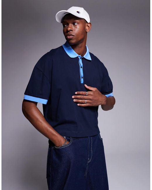 ASOS Blue Oversized Drop Shoulder Boxy Polo for men