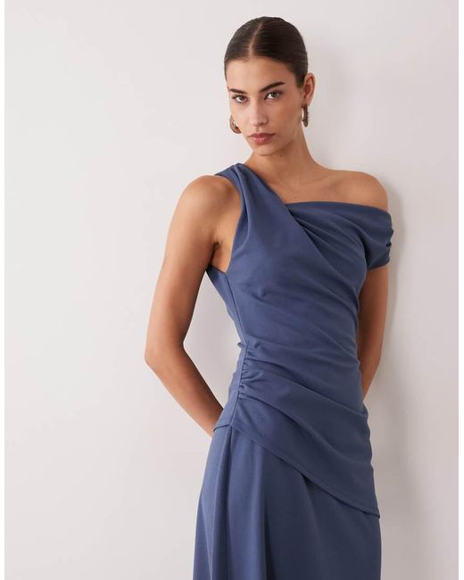 ASOS Blue Crepe Fallen Shoulder Maxi Dress With Ruched Skirt Detail