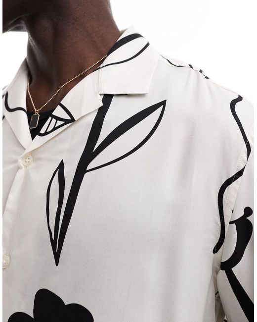 SELECTED White Oversized Revere Collar Shirt With Art Print for men