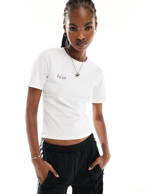 French Connection White Fcuk Cropped Fitted T-shirt