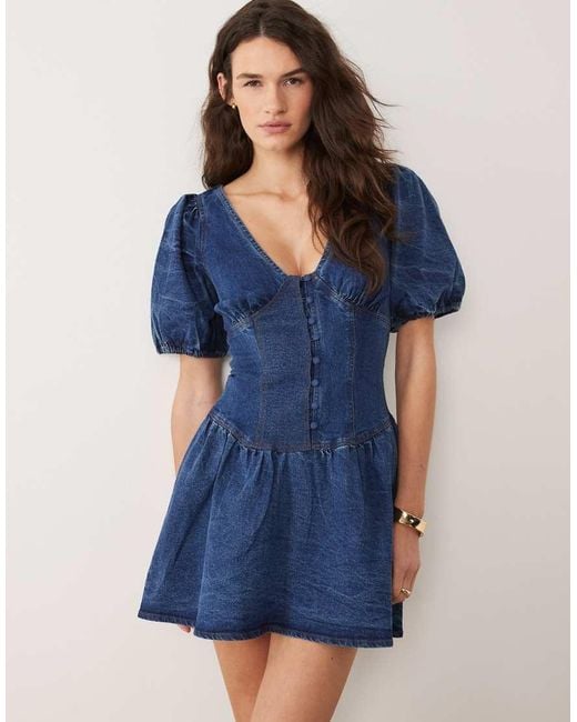 Miss Selfridge Blue Puff Sleeve Denim Mini Dress
