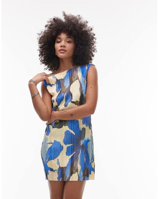 TOPSHOP Blue Abstract Floral Print Plisse Mini Dress