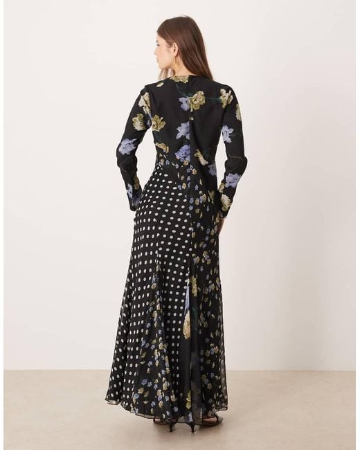 ASOS Multicolor Long Sleeve Racer Neck Maxi Dress With Godet Hem