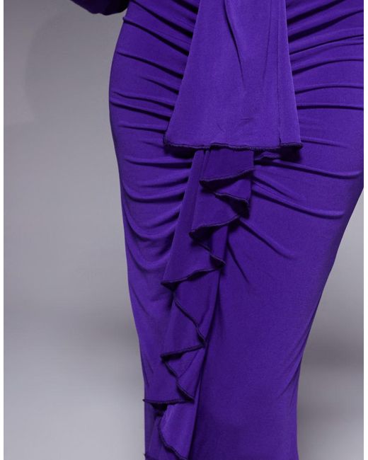 Ruched & Ready Purple Entered The Chat Balloon Sleeve Cut Out Detail Draped Waist Maxi Dress