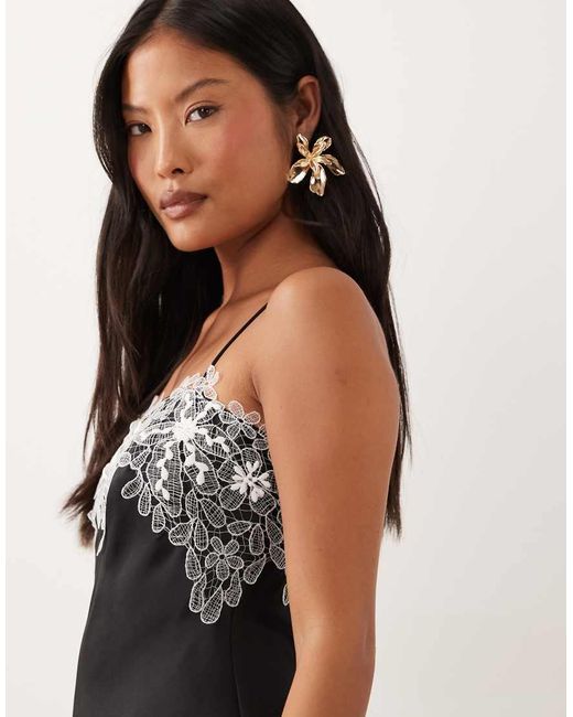 ASOS Black Asos Design Petite Satin Bias Lace Applique Mini Dress