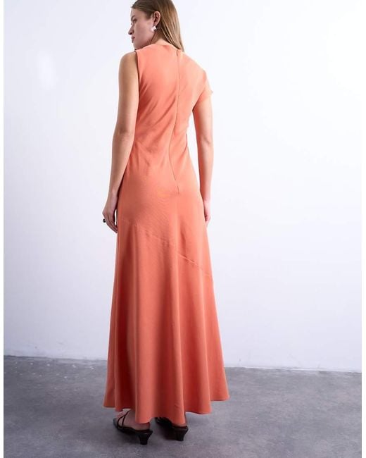Vestito Midi Color Mandarino Con Nodo Al Collo E Maniche Asimmetriche di TOPSHOP in Red