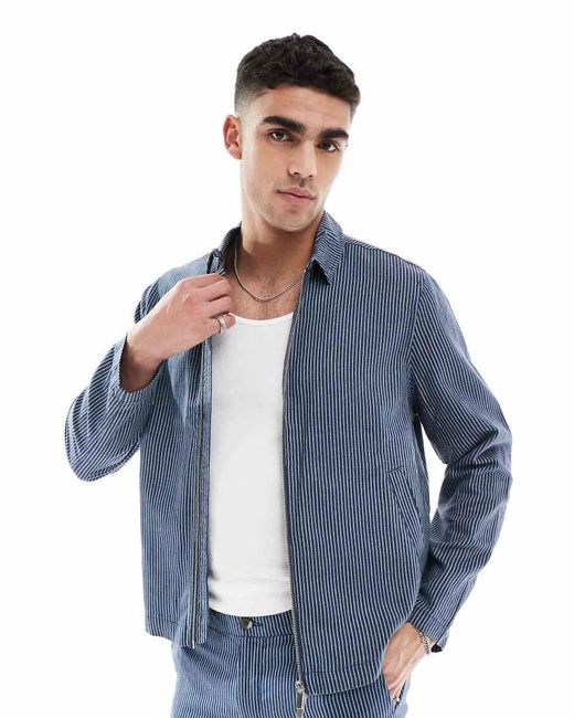 New Look Blue Linen Look Striped Harrington Jacket Co-ord for men