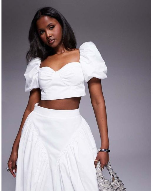 Top Con Mangas Abullonadas De Satén De Algodón De (Parte De Un Conjunto) ASOS de color White