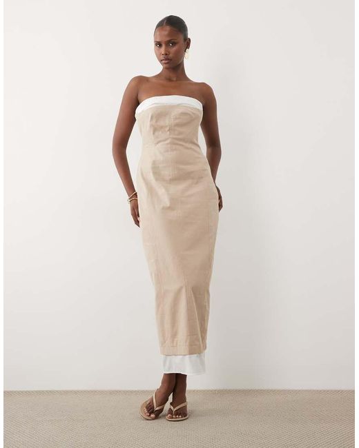 ASOS Natural Structured Bandeau Midaxi Dress With Contrast Panel