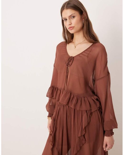 Glamorous Brown Boho Crinkle Style Tie Front Blouse