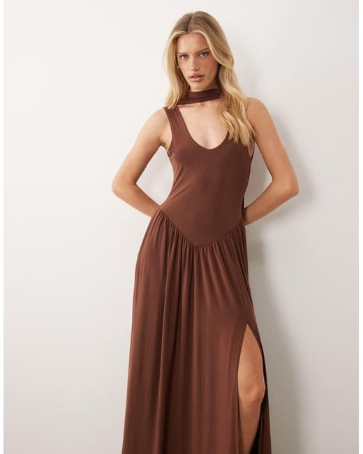 ASOS Brown Slinky Maxi Dress With Scarf Detail