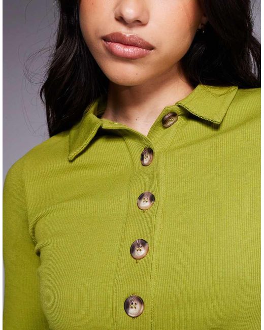 ASOS Green Cotton Rib Polo Long Sleeve Top