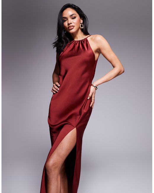 ASOS Red Satin Halter Neck Split Maxi Dress