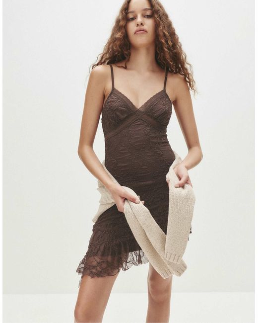 Pull&Bear Natural – kurzes, asymmetrisches kleid aus spitze