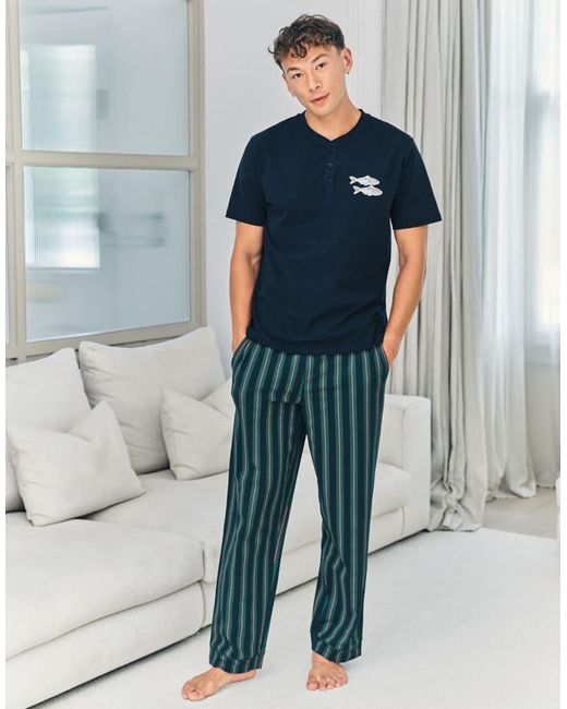 Chelsea Peers Blue Embroidered Fish Henley Stripe Long Pyjama Set for men