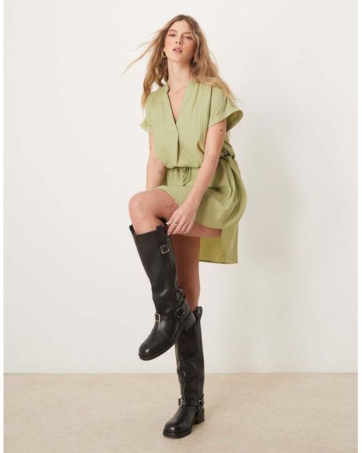 Vila Green Short Sleeve Tie Waist Notch Neck Mini Dress
