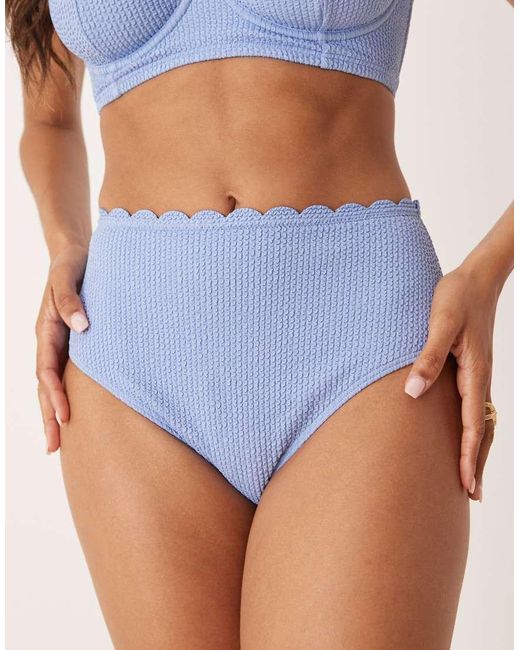 Peek & Beau Blue Crinkle High Waist Bikini Bottom With Scallop Detail