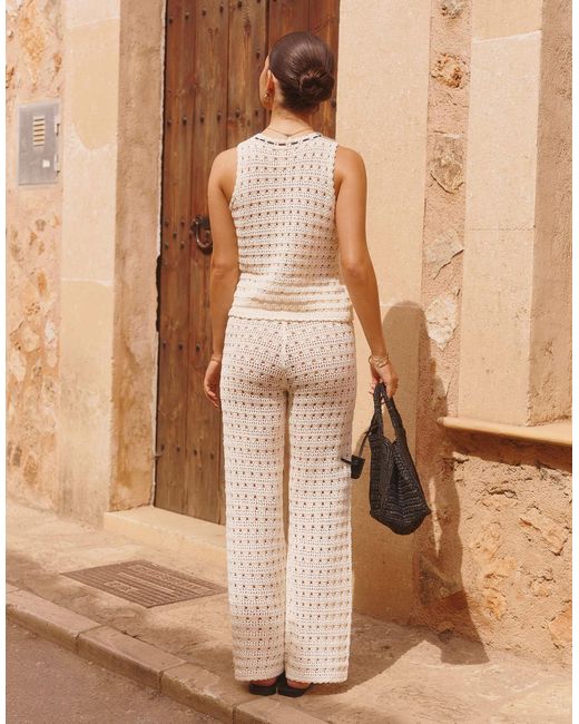 The Frolic Brown X Lydia Kara Exclusive Crochet Contrast Thread Trim Wide Leg Beach Trouser Co-ord