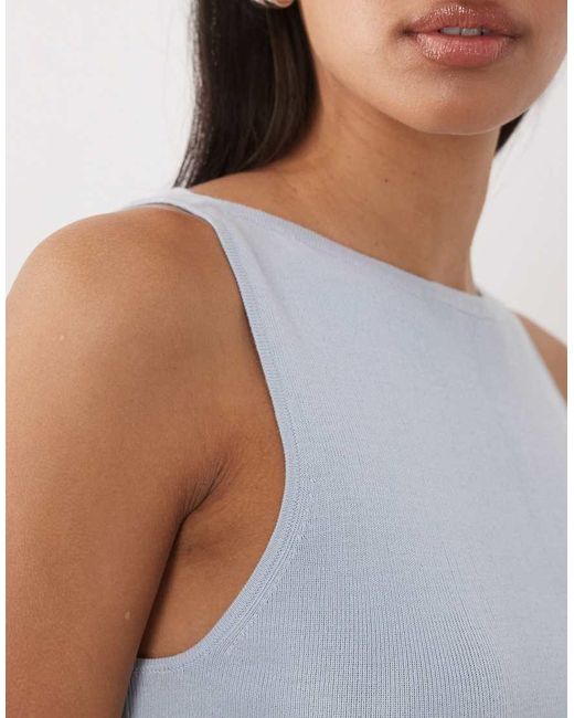 Mango Blue Cotton Rich Boat Neck Sleeveless Lightweight Knitted Top