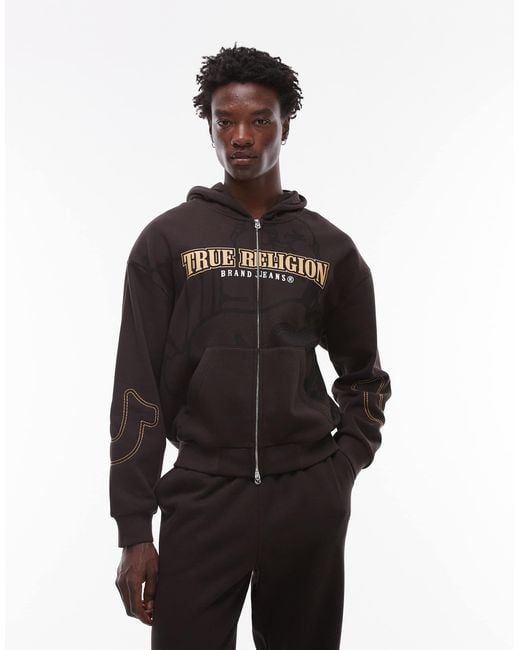 True Religion Black Big T Logo Detail Zip Through Hoodie Co-Ord for men