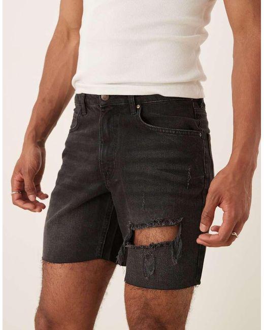 ASOS Natural Mid Length Slim Denim Shorts With Rips for men