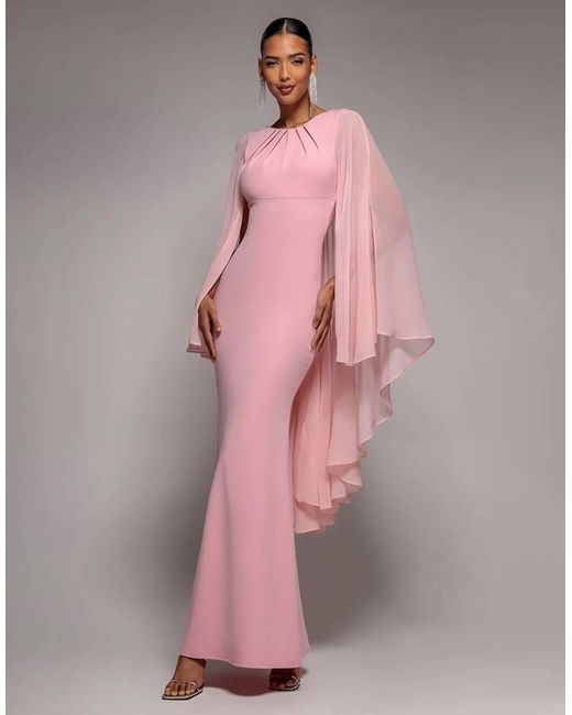 Goddiva Pink Cape Sleeve Chiffon And Sculpting Stretch Jersey Crepe Maxi Dress