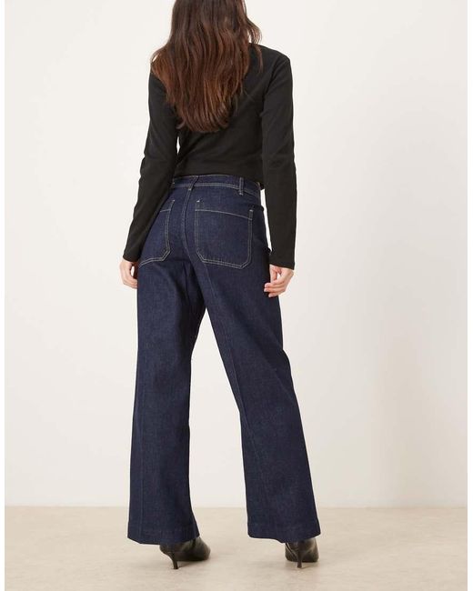 Mango Blue Jessie Cotton Mix Pocket Detail Wide Leg Jean