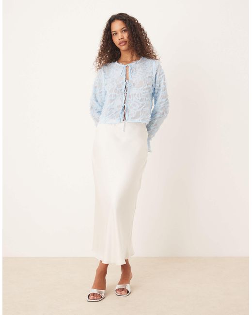 Vila Blue Long Sleeved Feathered Tie Front Top