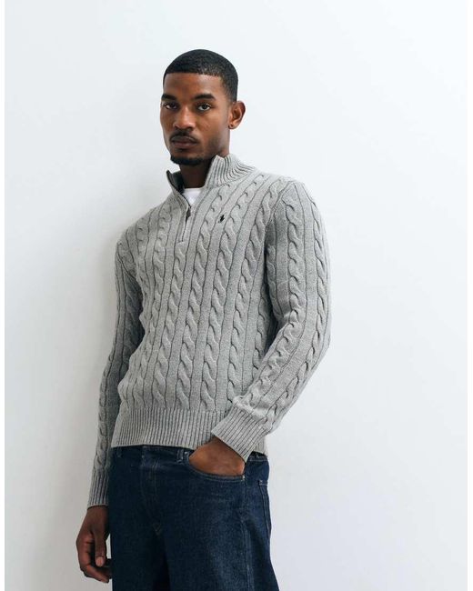 Polo Ralph Lauren Gray Icon Logo Cotton Cable Quarter Zip Sweatshirt for men