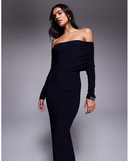 ASOS Blue Long Sleeve Deep Bardot Maxi Dress