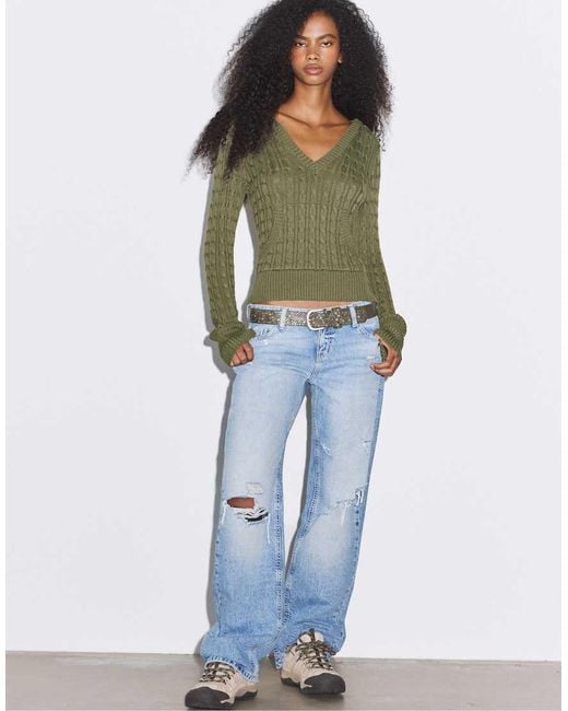 Stradivarius Green Hooded Cable-Knit Jumper